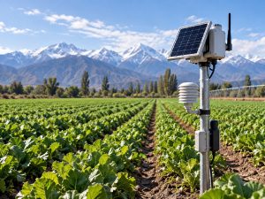 Sensor de monitoreo instalado entre cultivos agrícolas con riego tecnificado.